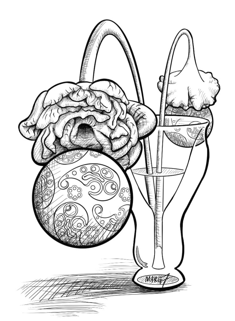 Image depicts a view of female reproductive anatomy as flowers in a vase. The uterus is the vase. Fallopian tubes are the stems of two flowers leaning out of opposite sides. The fimbrae at the end of the stems are depicted as peonies. There are orbs floating beneath the peonies with decorative paisley based on the ovarian cycle.