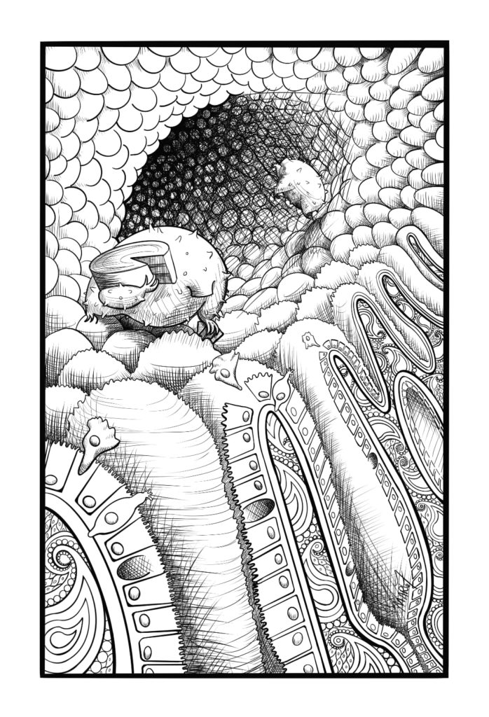 Image depicts the villi of the intestine cut away at the front for an internal view of the cell types in the endothelium. The villi are being tended by fictional hybrid lymphocyte/tardigrade creatures. It is rendered in black-and-white crosshatching.