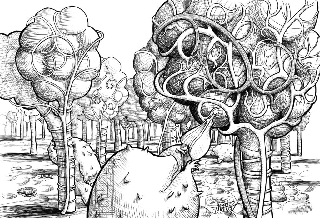Image shows a fantasy landscape of alveoli as trees being tended by lymphocyte tardigrade hybrid creatures in black-and-white crosshatching.